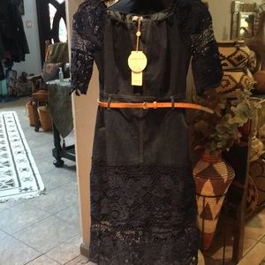 LA REYNA Denim dress, Size small, Color Blue, Belt, Waist 17”, Bust 17”, NWT